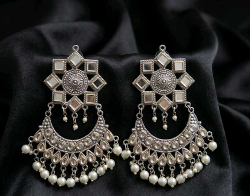 Oxidized Silver Mirror Jhumka Earrings