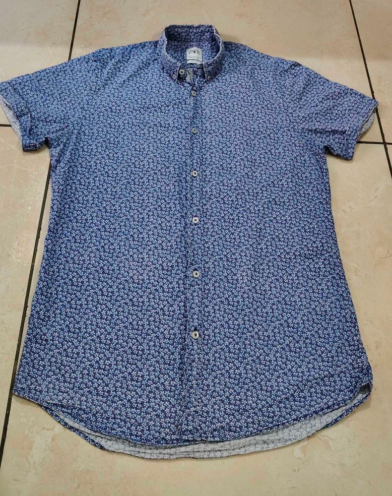 Men's Blue Floral Print Short Sleeve Shirt