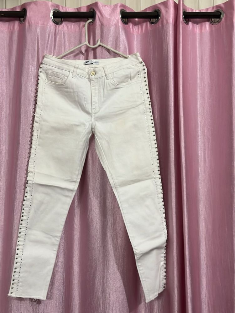 Zara Stylish White Studded Jeans