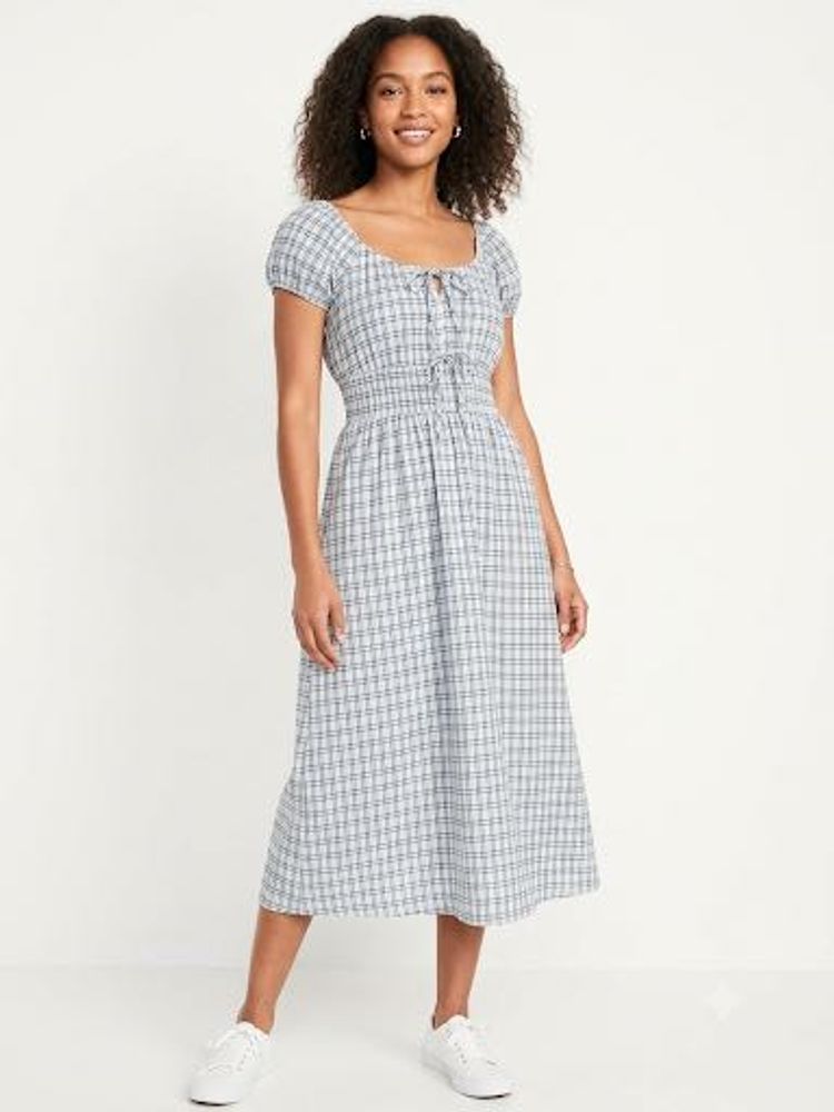 Westside Plaid Puff Sleeve Midi Dress
