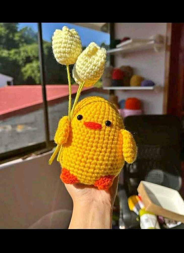 Handmade Crochet Chick with Tulips