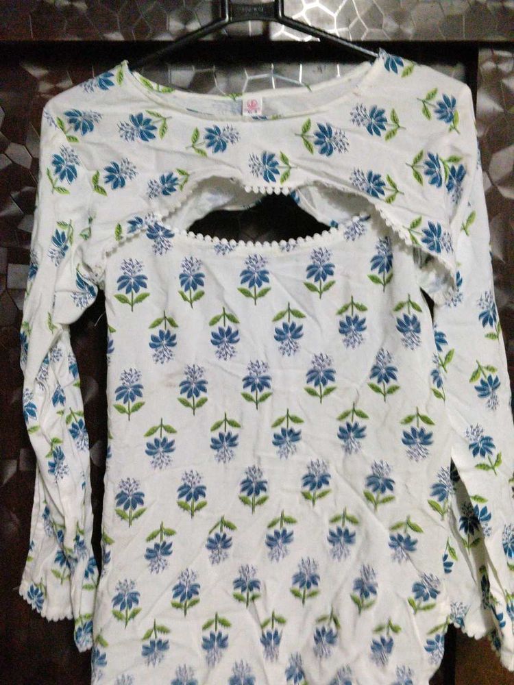 White Floral Print Kurta with Cutout
