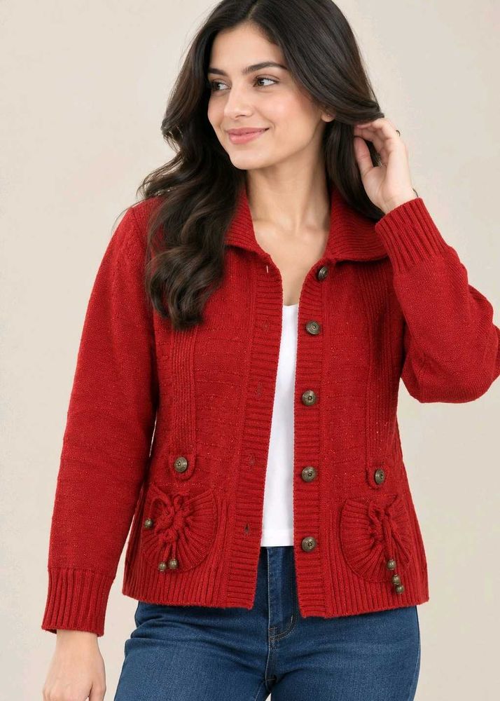 Red Button-Up Cardigan with Bow Pockets