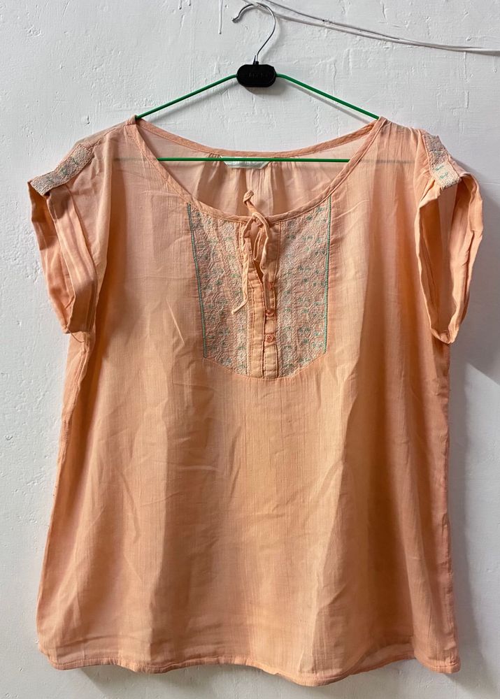 Peach Embroidered Short Sleeve Top
