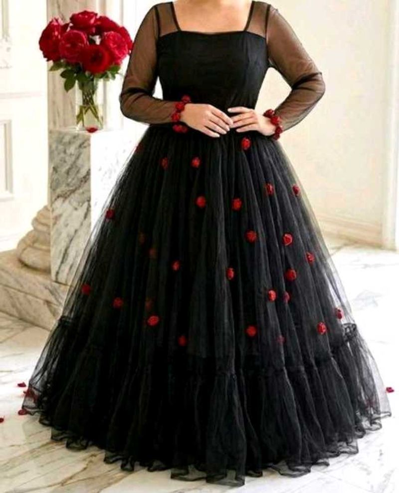 Elegant Black Gown with Red Floral Accents