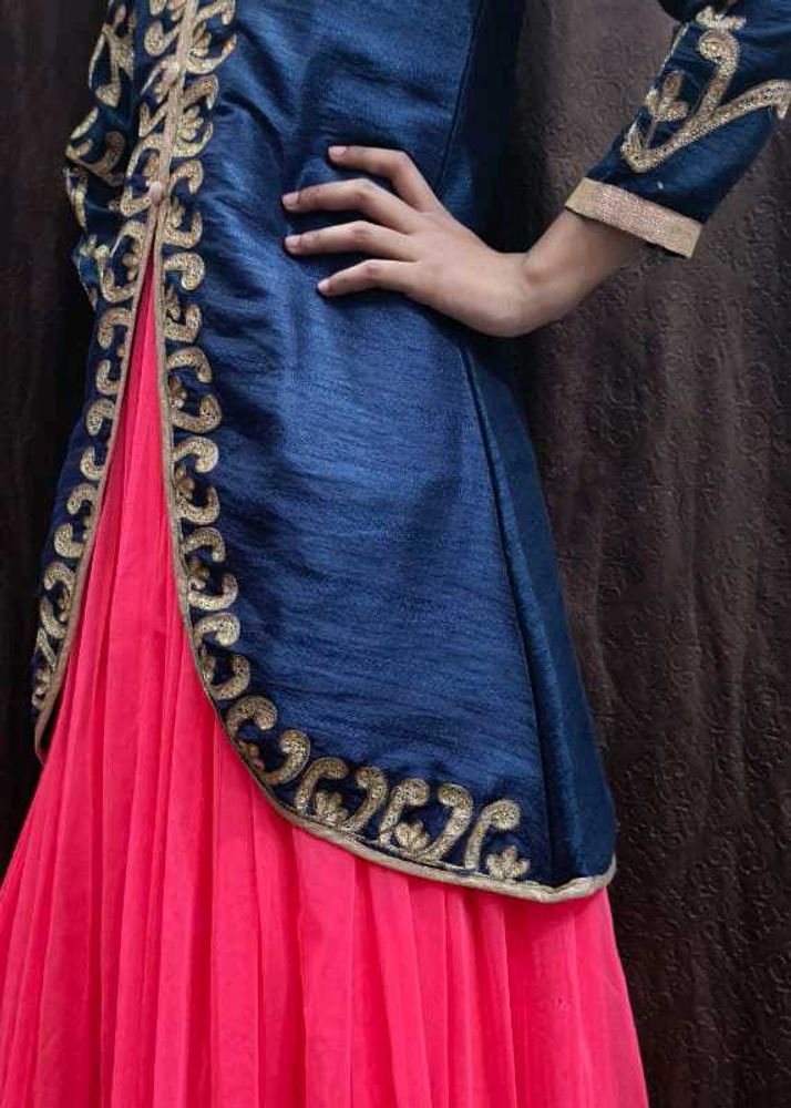 Pink Net Full Length Gown Blue Embroidery Coat