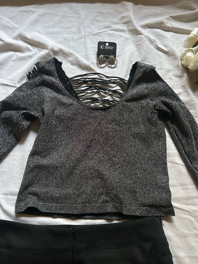 Sparkly Cutout Back Long Sleeve Top