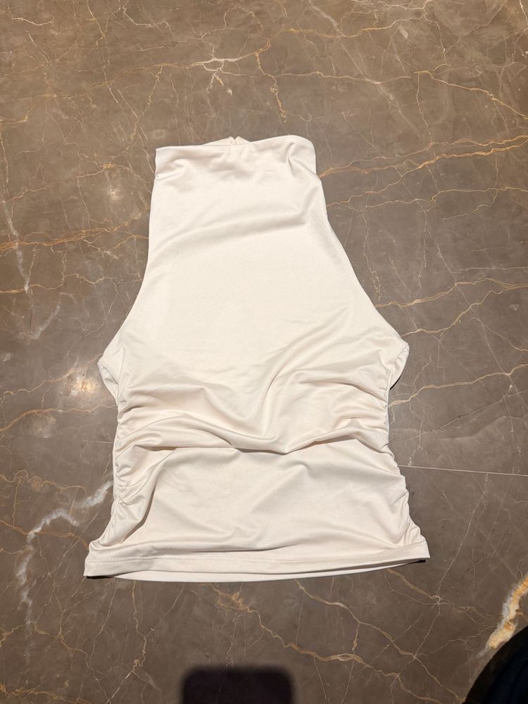 Cream Ruched High Neck Top