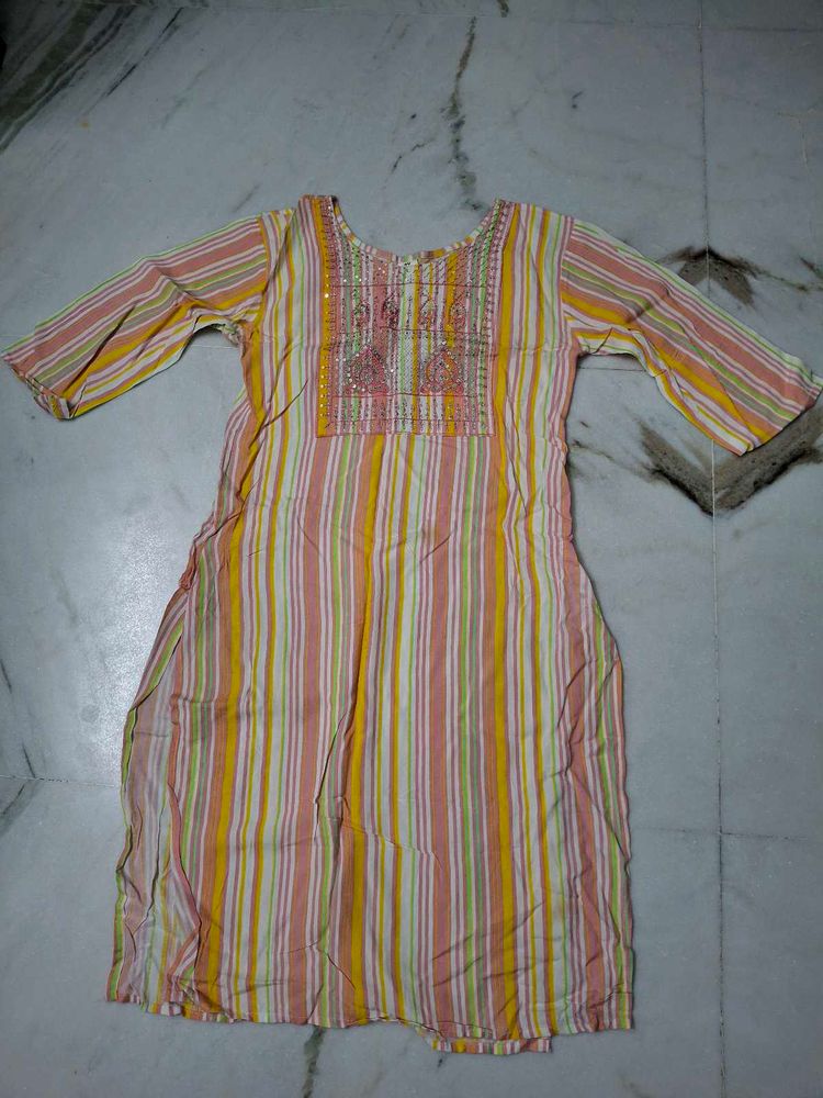 Striped Kurta with Embellished Neckline