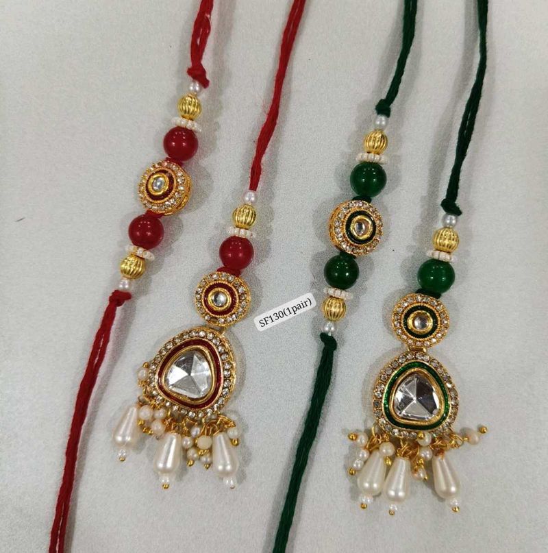 2 Elegant Rakhi Pair - Red &amp; Green Beads