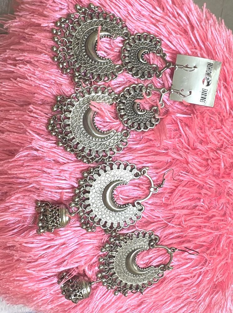 Boho Silver Jhumka Earrings-set of2