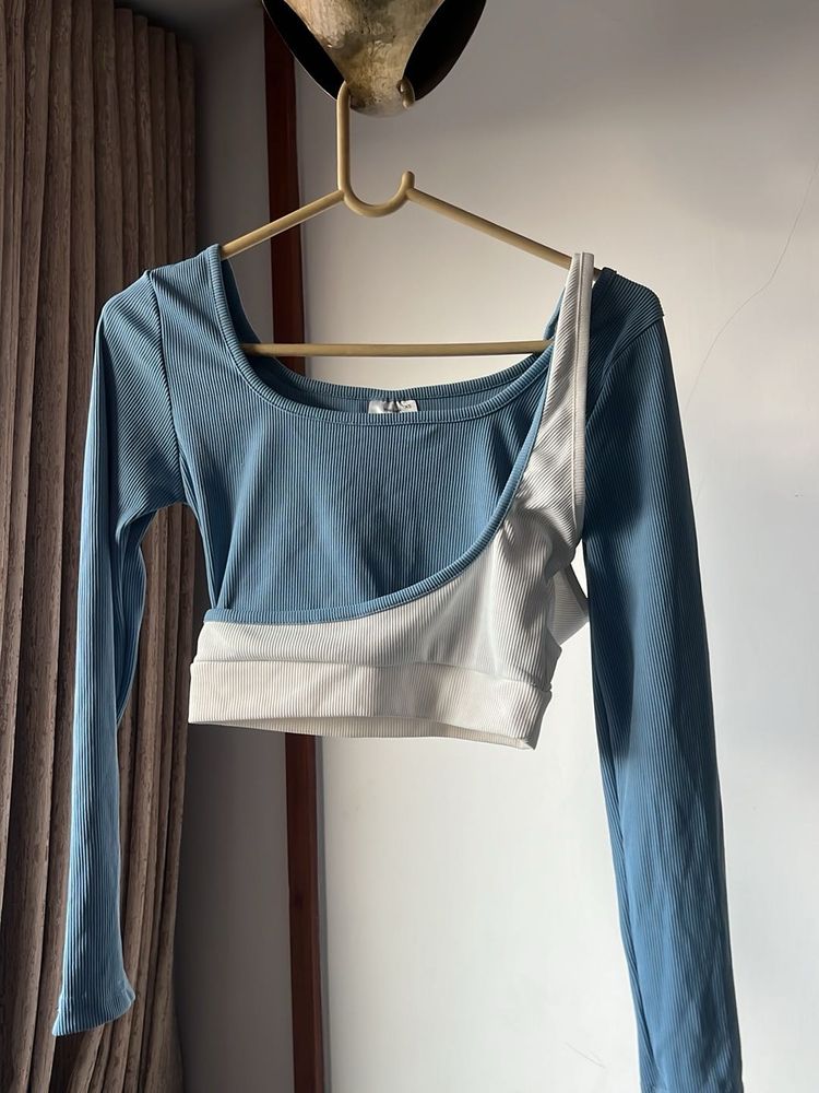 Blue &amp; White Cropped Long Sleeve Top