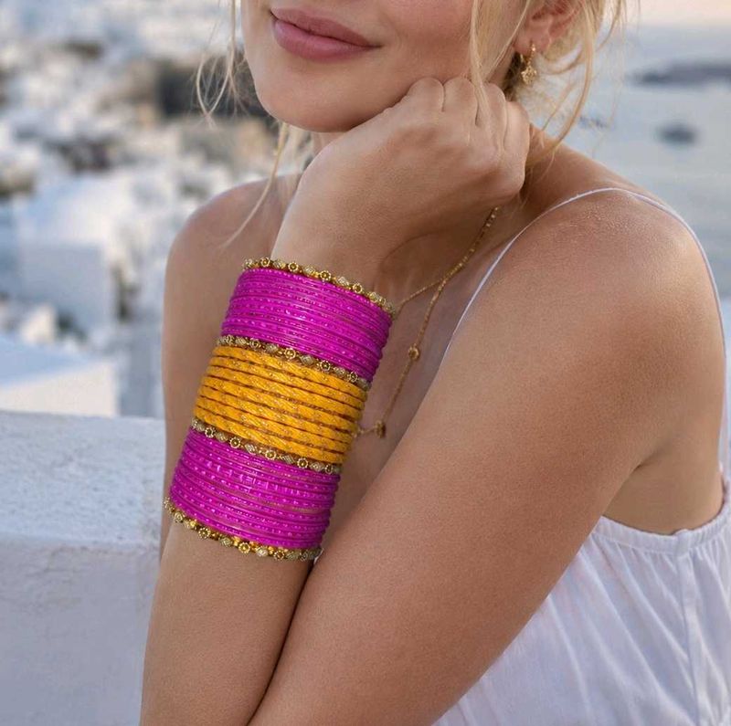Stylish Pink &amp; Yellow Bridal Chura Set
