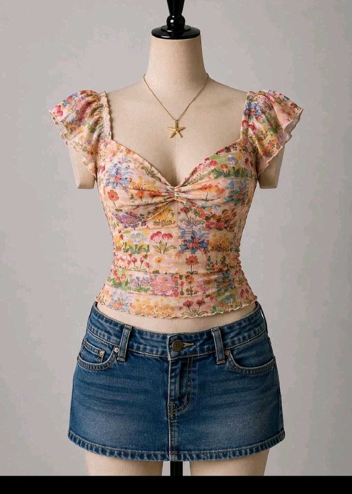 Floral Mesh Ruched Top