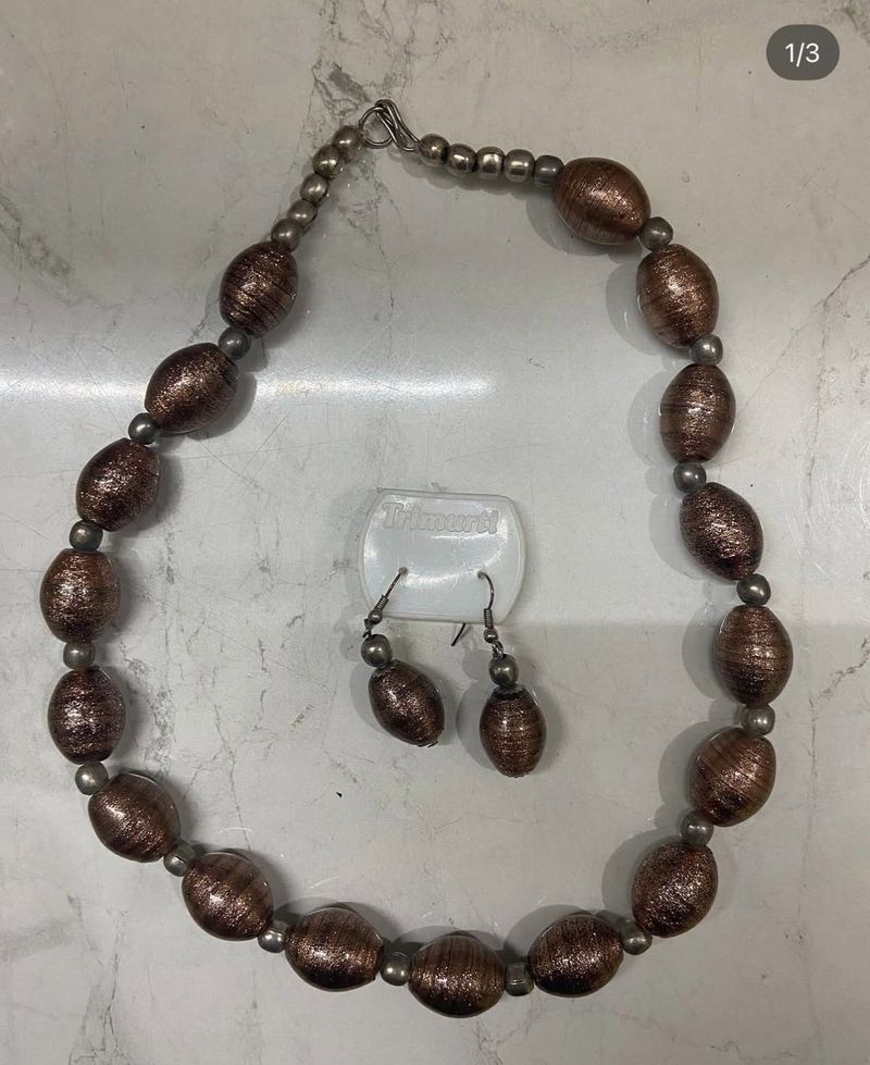 Brown Beaded Necklace and Earring Set