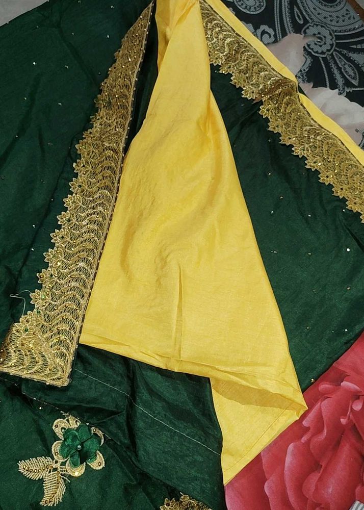 Elegant Emerald Green And yellow Embroidered Saree