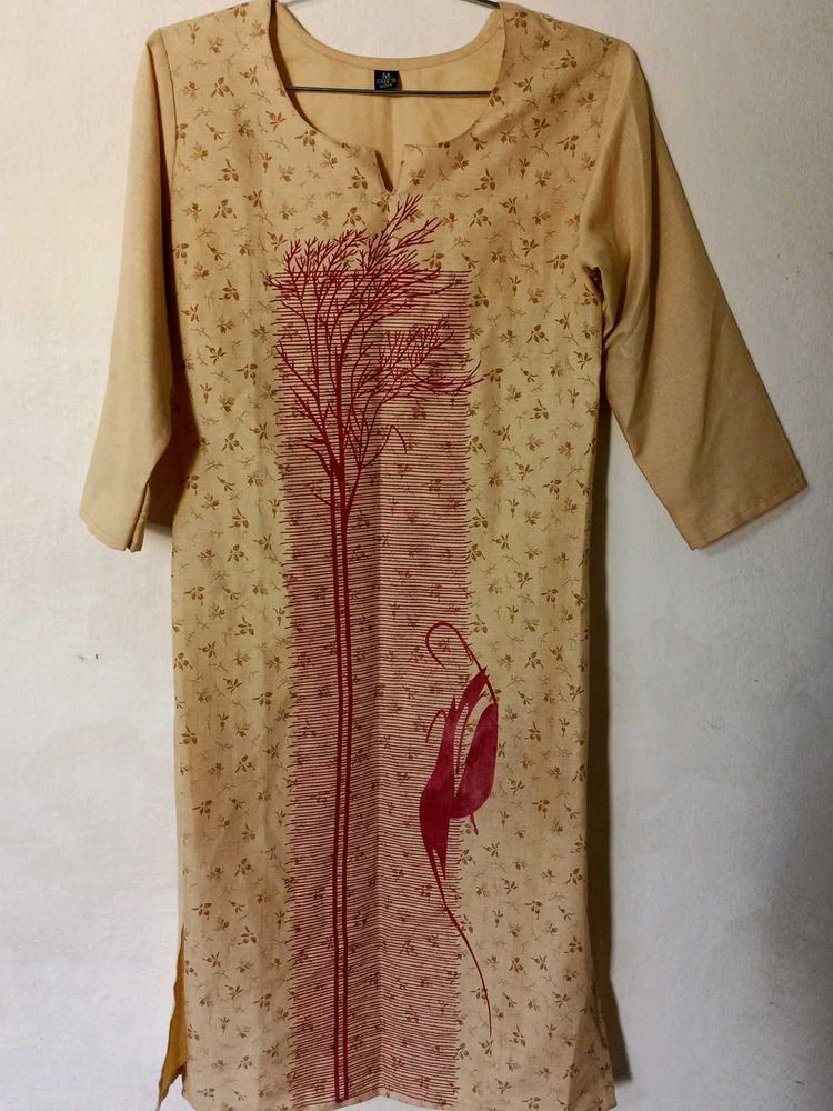 Elegant Beige Kurta with Red Tree Print