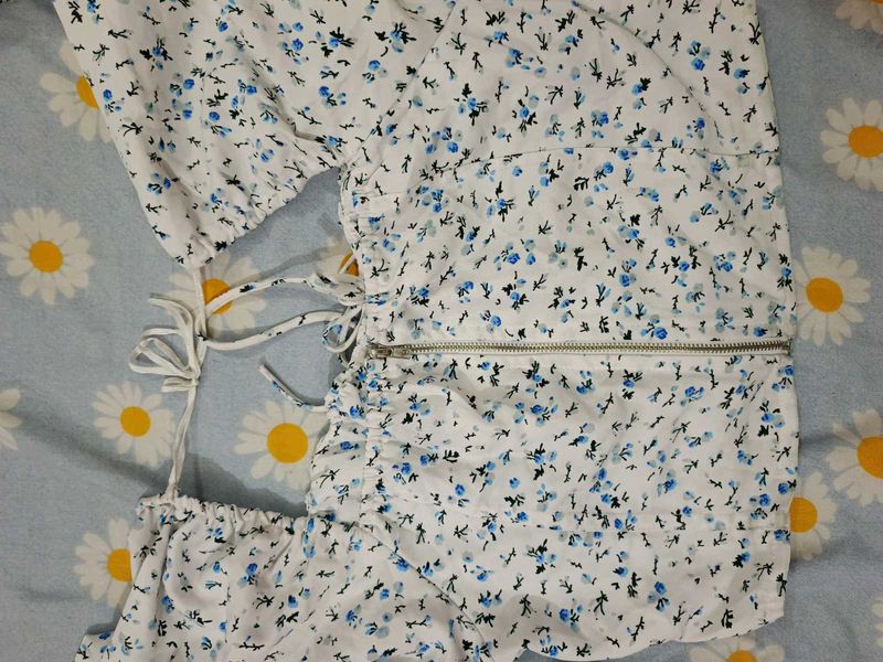Floral Print Crop Top with Cut-out Details