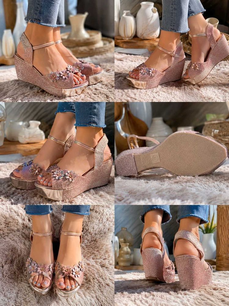 Sparkly Flower Wedge Sandals