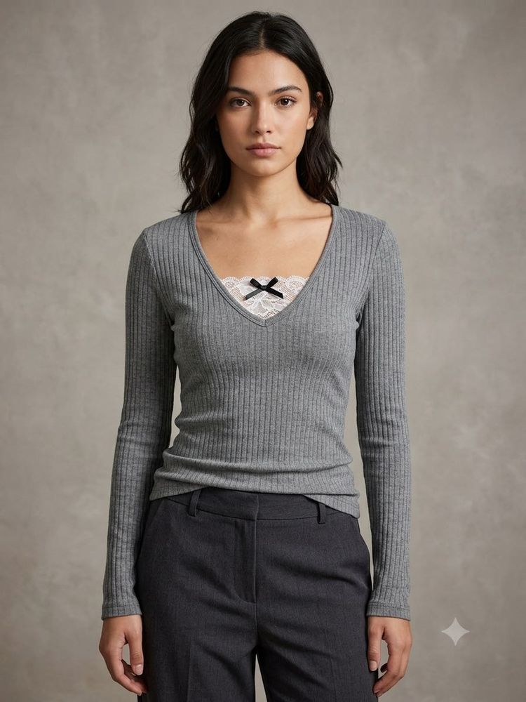 Charcoal Lace &amp; Bow Ribbed Long Sleeve