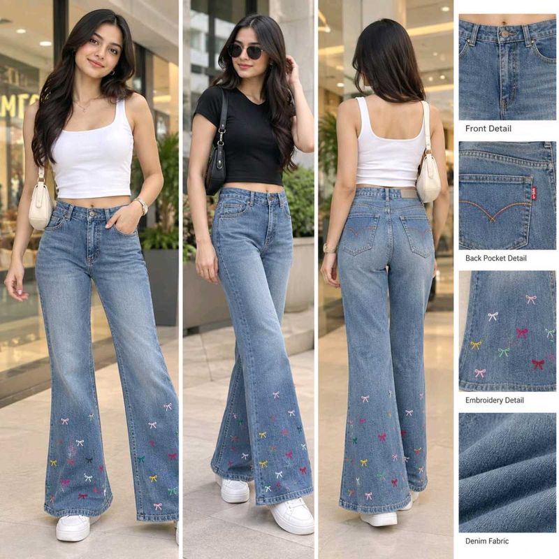 Wide Leg Jeans with  Multicolor Bow Embroidery
