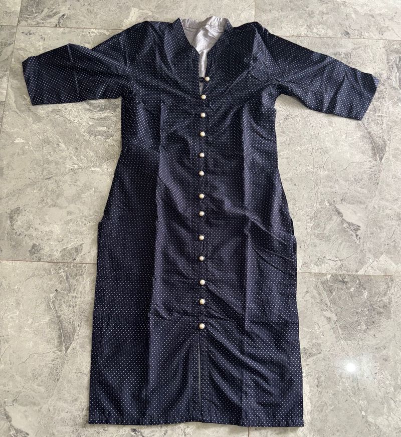 Women's Navy Blue Polka Dot Kurta