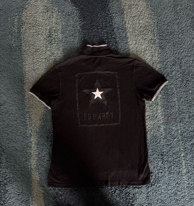 Ed Hardy Black Polo T-Shirt – Star Logo Graphic,