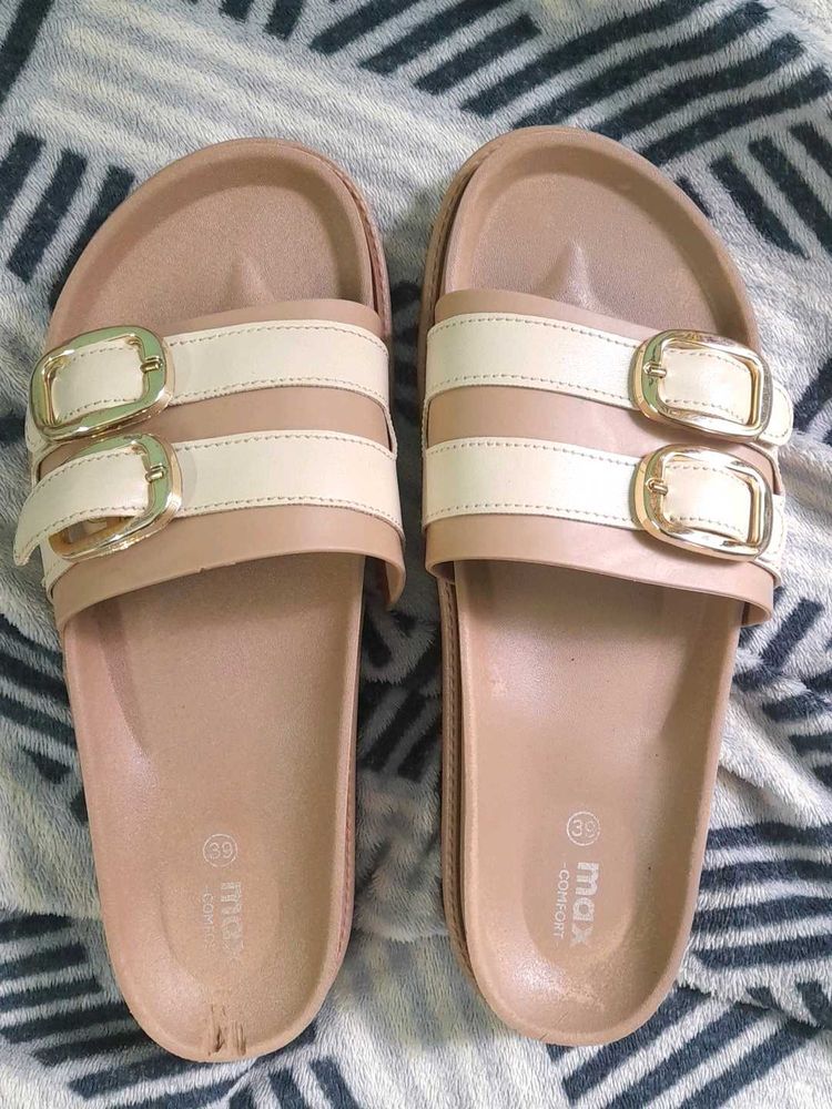 Stylish Beige Slides with Gold Buckles