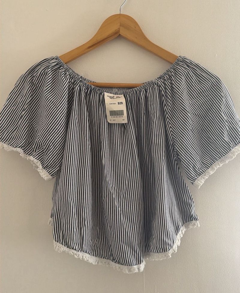 Striped Off-Shoulder Top with Lace Trim