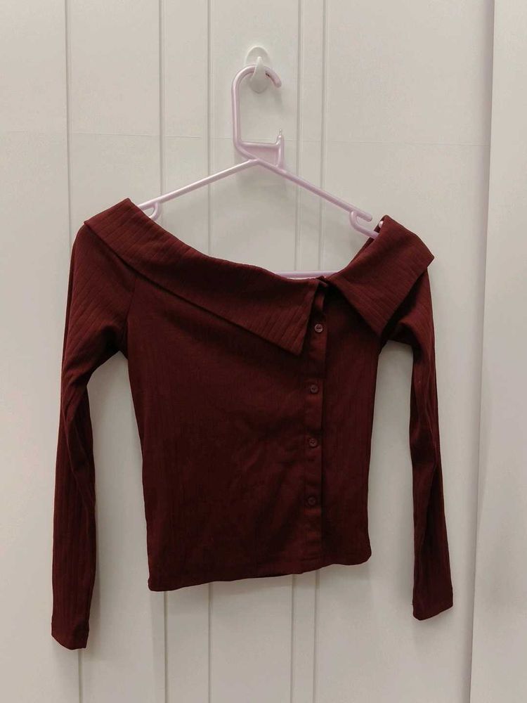 Maroon Off-Shoulder Button-Up Top