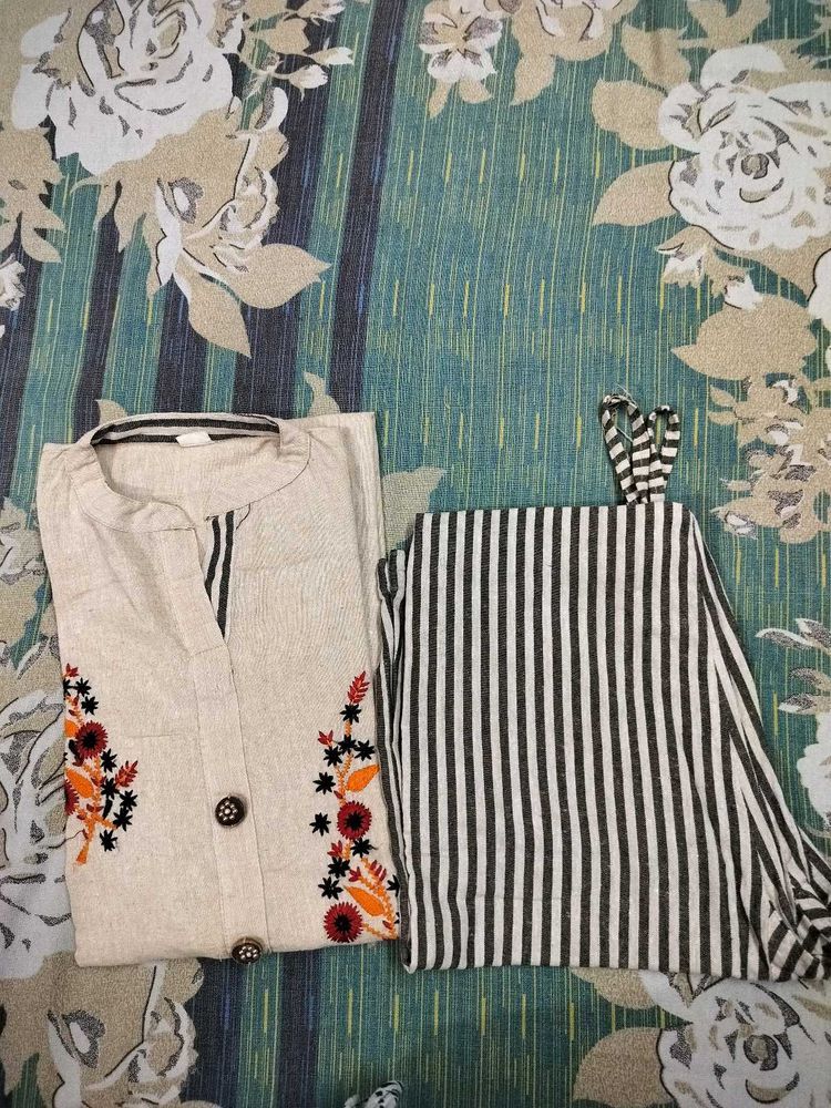 Embroidered Tunic &amp; Striped Pants Set
