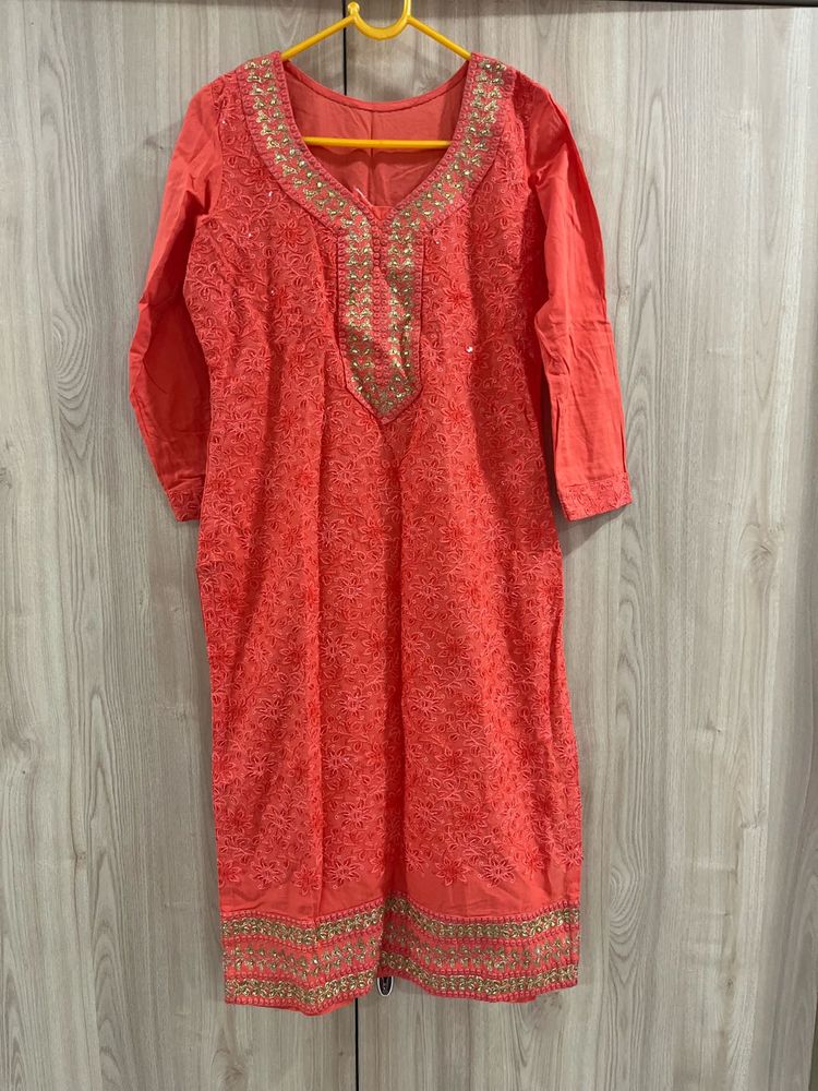Coral peach embroidered kurta