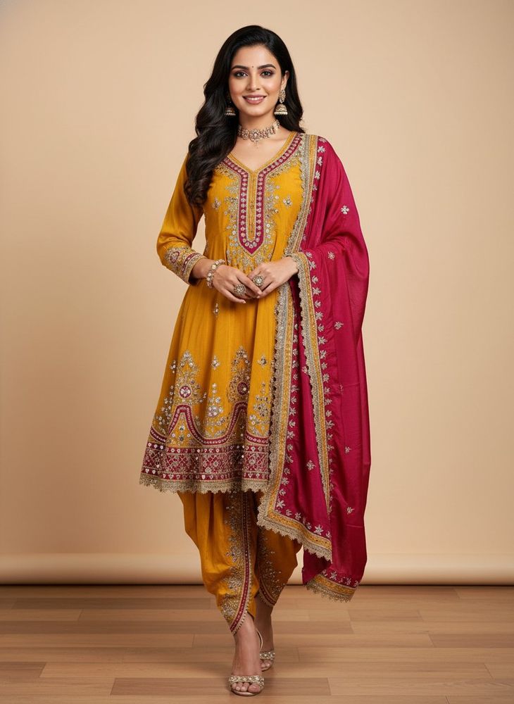 Festive embroidered Silk Ankarkali Dhoti Suit set