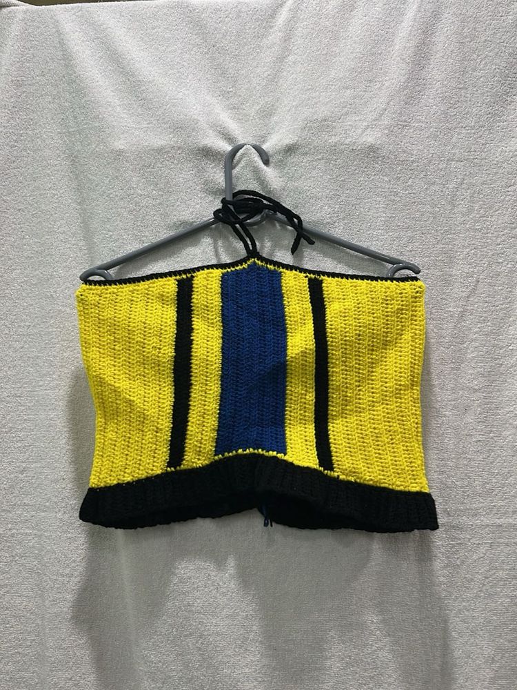 Crocheted Yellow &amp; Blue Striped Crochet Halter Top
