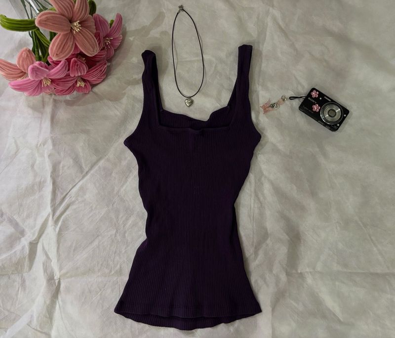 Ribbed Square Purple Neck Tank Top