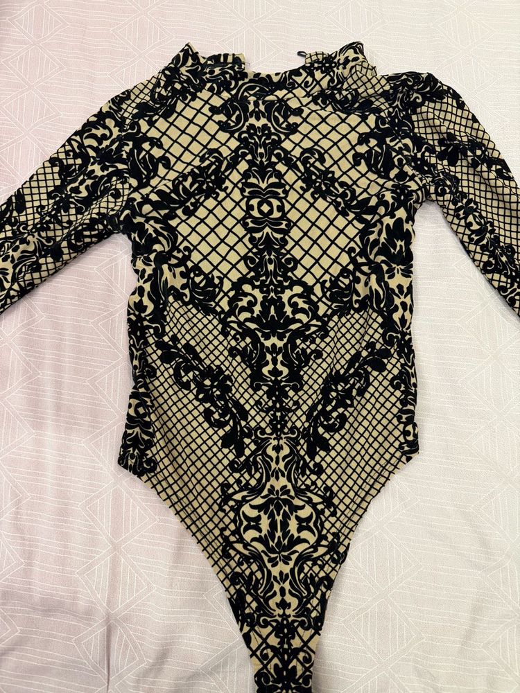 Black &amp; Cream Damask Print Bodysuit
