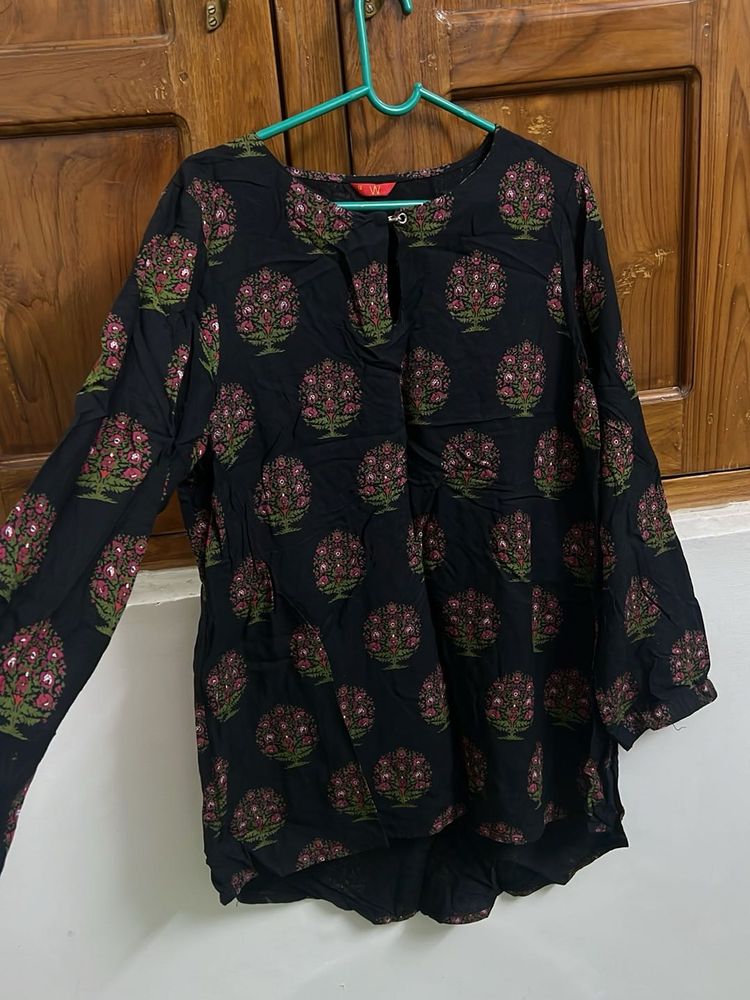 Black Floral Print Kurta