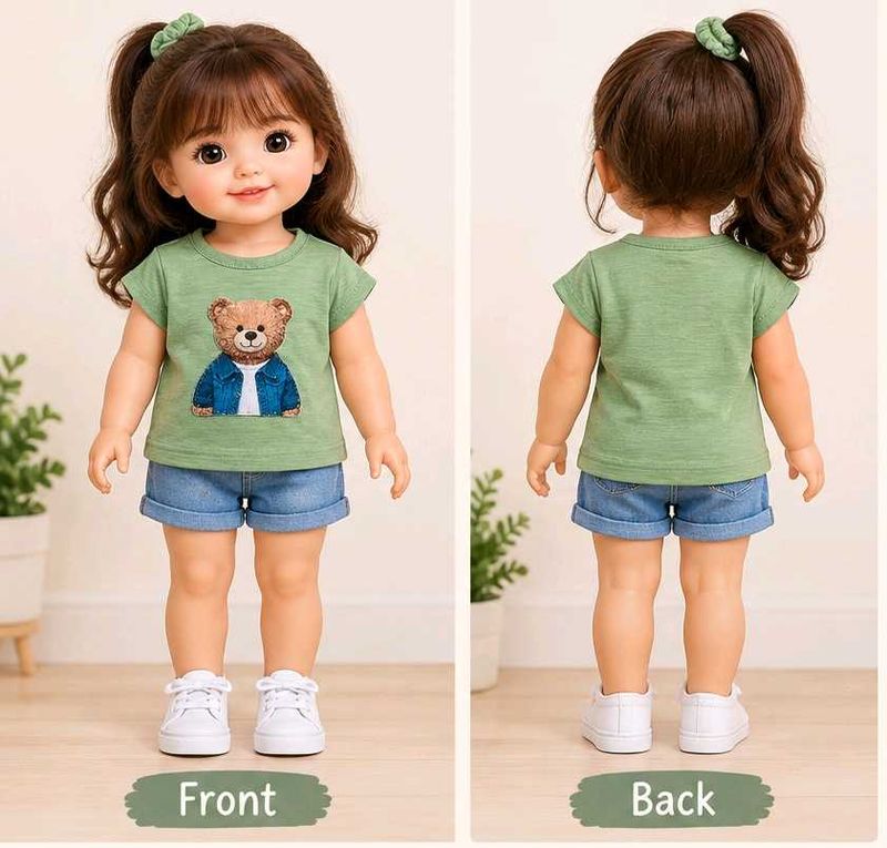 Cute Teddy Bear T-Shirt &amp; Denim Shorts Set
