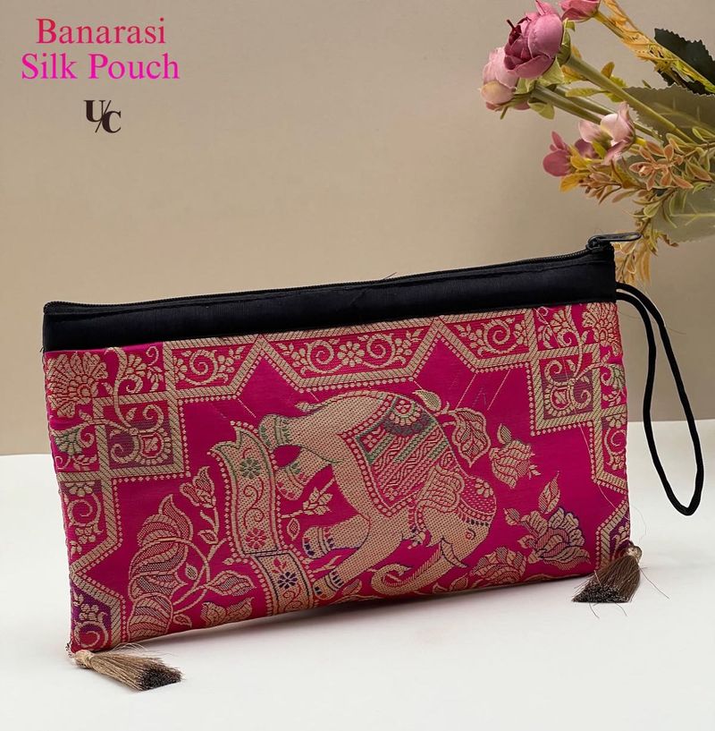 Vibrant Banarasi Silk Pouch with Elephant Motif