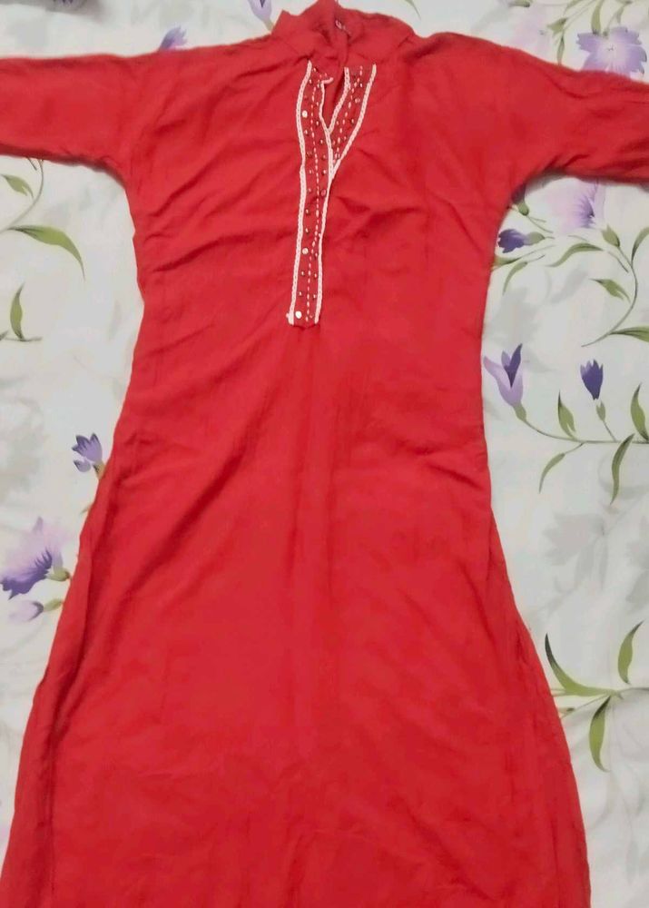 Red Kurta with Embellished Neckline