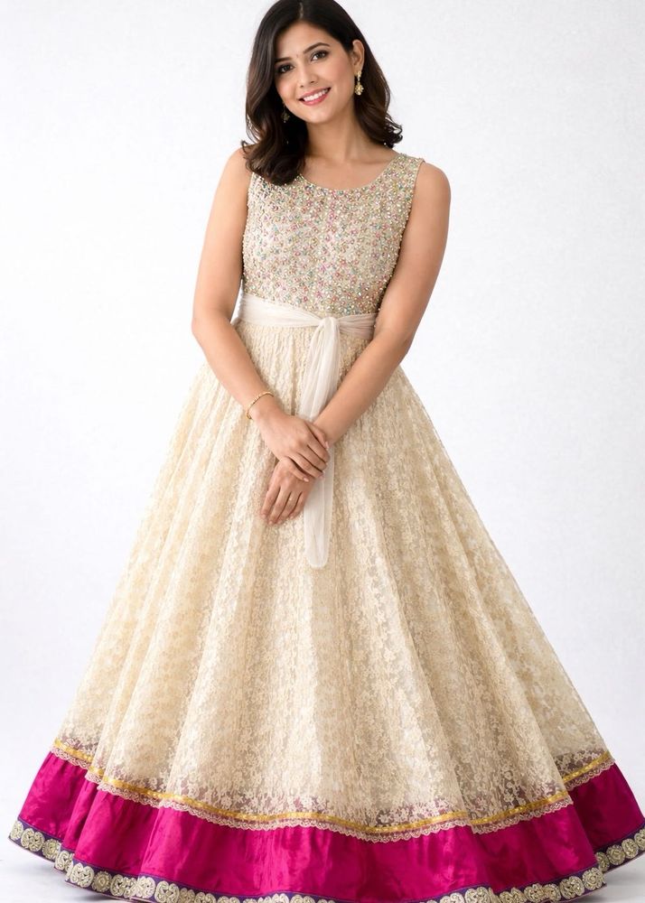 Elegant Cream &amp; Pink Embellished Lehenga