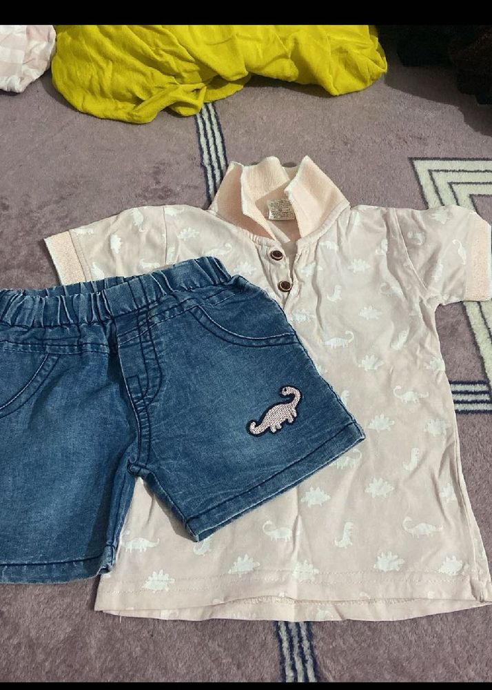 Cute Dinosaur Print Top and Denim Shorts Set