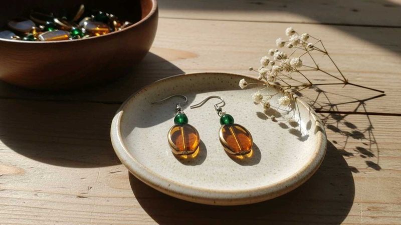 Unique Amber &amp; Green Glass Drop Earrings