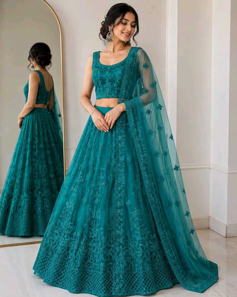Stunning Teal Embroidered Lehenga Choli Set
