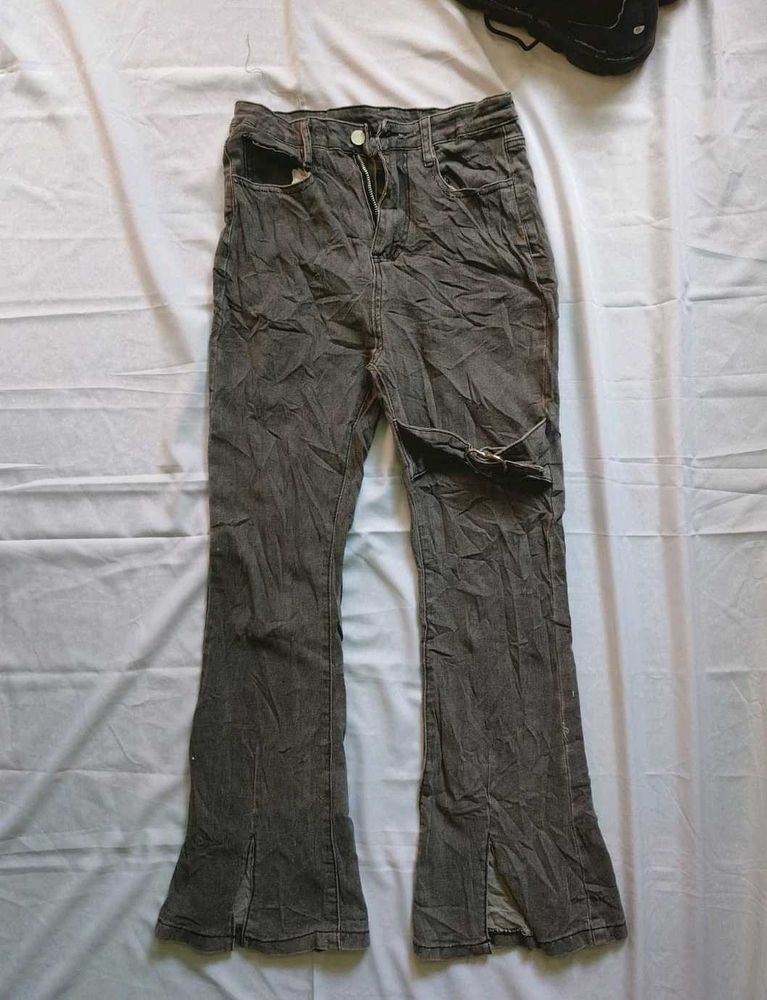 Grey Flared Jeans with Front Slits
