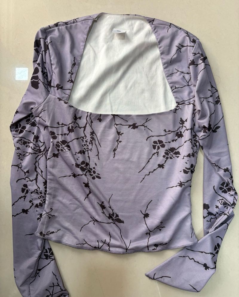 Purple Floral Print Long Sleeve Top