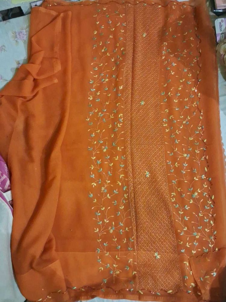 Orange Embroidered Chiffon Saree &amp; stiched blouse