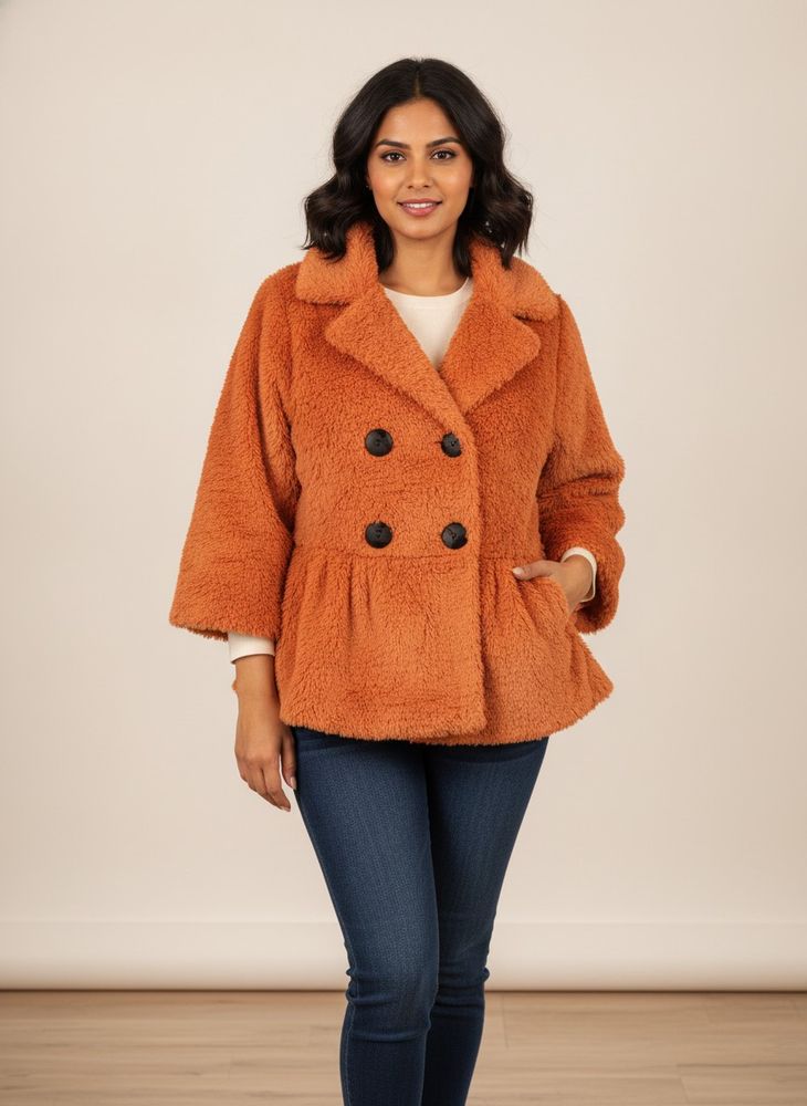 Cozy Orange Faux Fur Double-Breasted Jacket