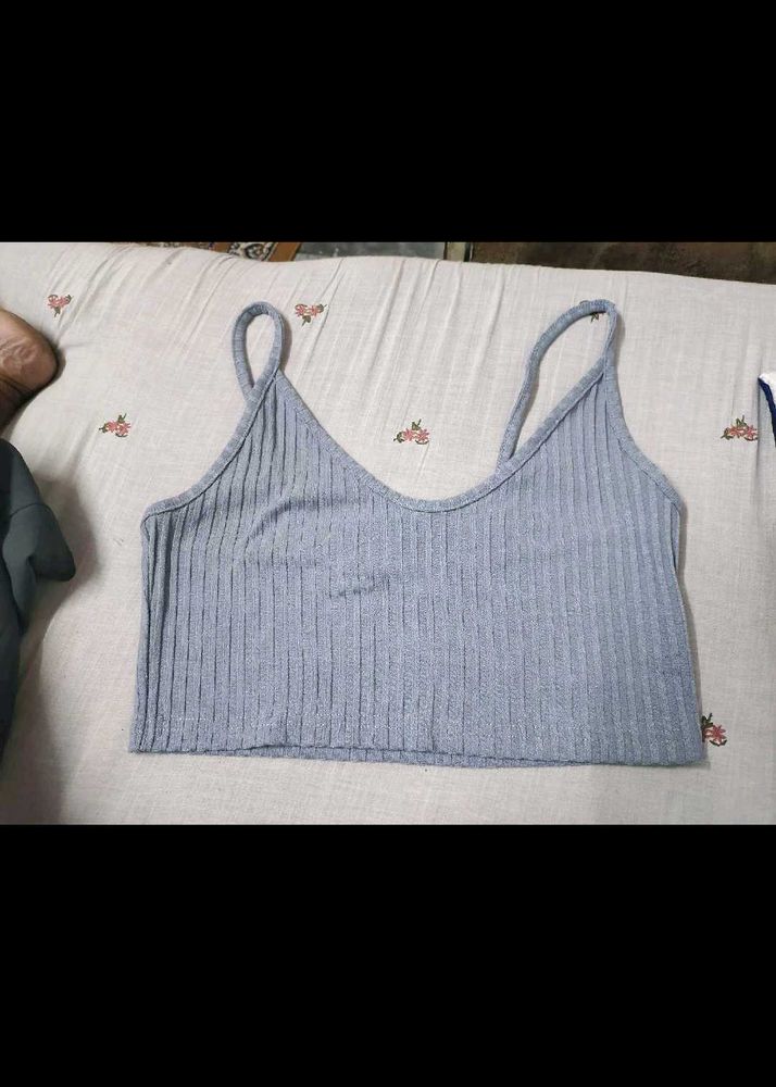 Gray Ribbed Spaghetti Strap Crop Top