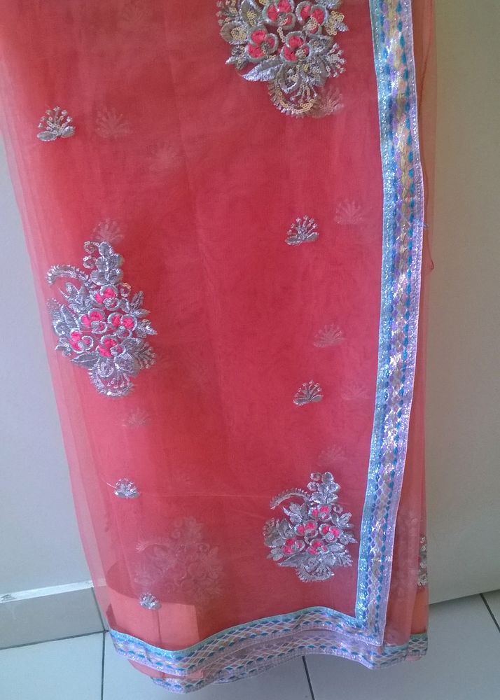 Coral Embellished Net Saree